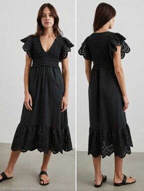 Rails Clementine Eyelet Smocked Cotton Poplin Midi Dress Boho Flutter V Black XS